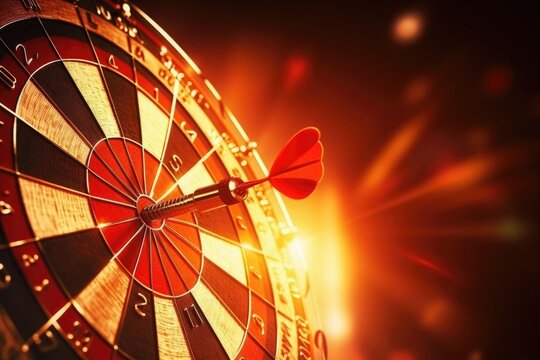 A dart hitting the center of a dartboard. Suitable for illustrating precision, accuracy, and hitting targets