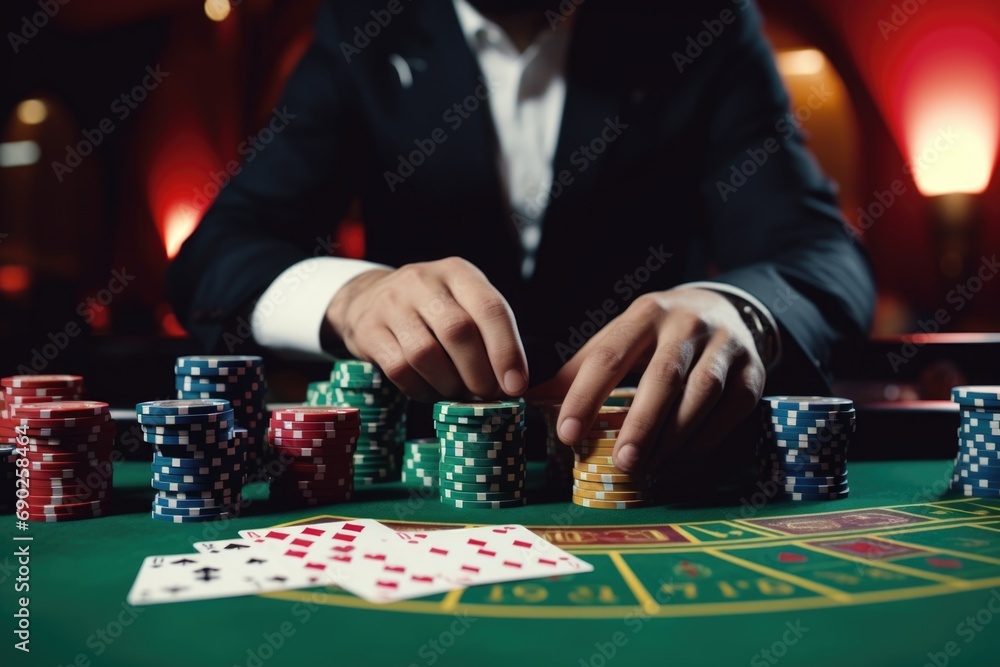 Poster a man in a suit engaged in a game of craps. suitable for casino-themed designs and gambling-related 
