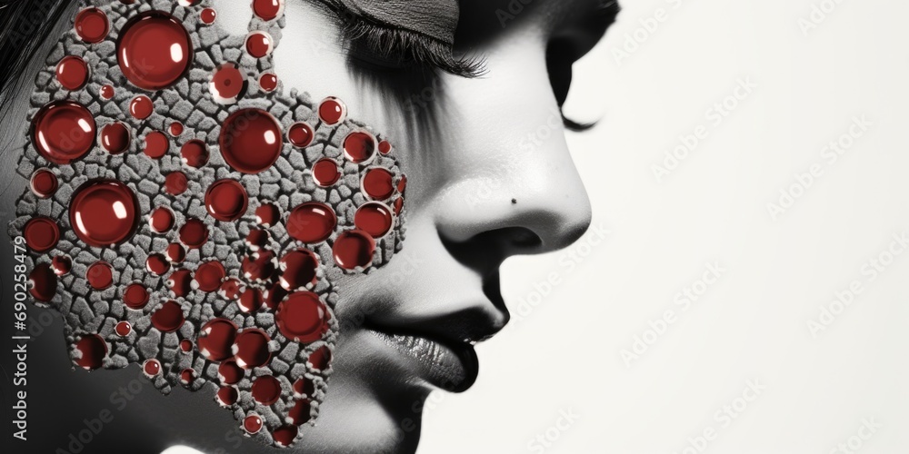 Poster A close-up image of a person with their face covered in red beads. This unique and eye-catching picture can be used for various creative projects