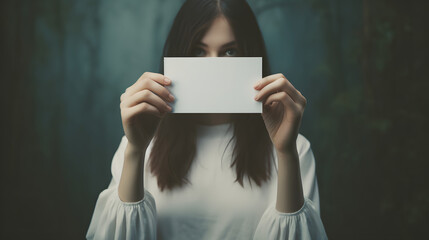 Naklejka premium Mysterious Woman Holding Blank White Card with Focus on Eyes