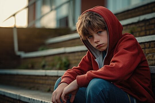 A young boy sitting on the steps of a building. Suitable for various concepts and themes