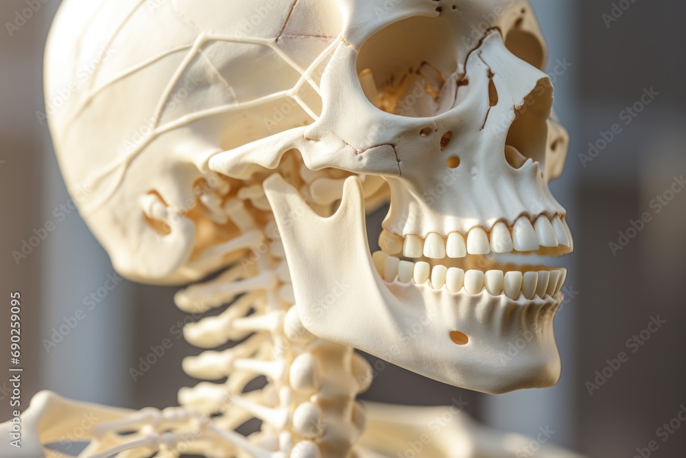 Poster a close up view of a human skeleton with a broken jaw. this image can be used to depict medical cond