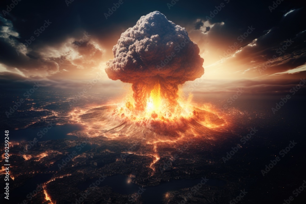 Poster a powerful and destructive mushroom cloud fills the sky, representing an explosion of immense magnit