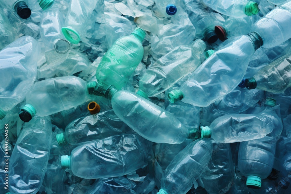 Poster a large pile of empty plastic water bottles. versatile image suitable for environmental, recycling, 