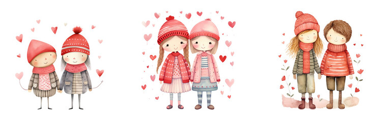 Set of Valentine's Day, romantic illustration featuring a cute hearts couple in boho style, smiling with vibrant watercolor hues isolated on PNG transparen background.