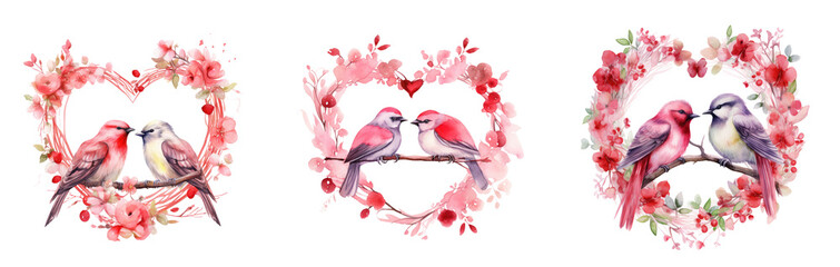 Set of Romantic clipart featuring a heart wreath, love elements, and happy cute love birds. Perfect for anniversary designs. Watercolor illustration, isolated on PNG transparen background.