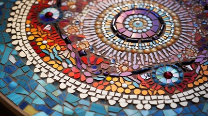 a vibrant mosaic artwork, its carefully arranged tiles forming intricate patterns and designs, symbolizing the meticulous craftsmanship and artistic precision of the creator.