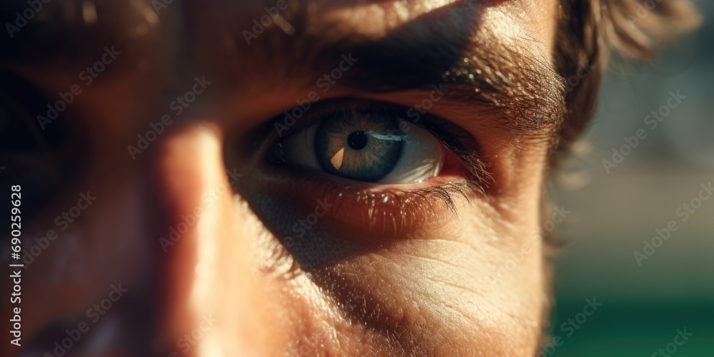 Poster close-up view of a person's eye with a blurred background. can be used for various purposes