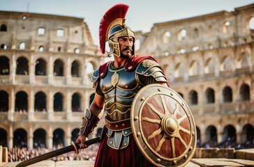 An Roman SPQR gladiator in authentic armor, holding a shield and sword, standing against a backdrop of the Colosseum, majestic and strong pose - obrazy, fototapety, plakaty