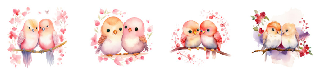 Set of Cute watercolor couple lovebirds in chibi style, creating a whimsical atmosphere perfect for Valentine's Day romance isolated on PNG transparen background.