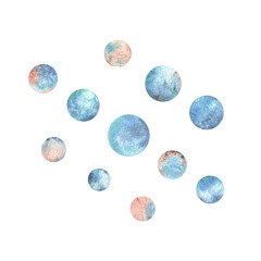 Blue, turquoise, coral water bubbles. Hand drawn watercolor illustration. Sea animals, underwater world, seafood. Set of isolated objects on a white background for decoration and design.