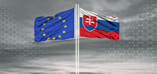 European Union and Slovakia two flags on flagpoles and blue cloudy sky . Diplomacy concept, international relations