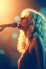 Blonde woman singing into a microphone. The concept captures musical passion and performance. - obrazy, fototapety, plakaty
