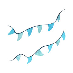 Garlands with flags blue, turquoise, triangular. Watercolor illustration hand drawn in children's style. Set of isolated elements on a white background