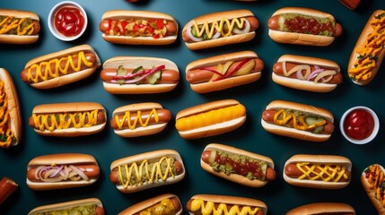 Hot dogs pattern. Hotdogs isolated on black background.  Street food, snack, sausage, mustard, ketchup.