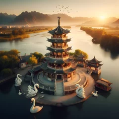 Gartenposter Referring to the original Chinese tower with beautiful swans and flocks of birds flying in the evening © Fiiwz
