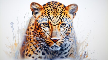 a vibrant painting of a fierce leopard, its powerful gaze and sleek fur captured in vivid colors on a white background, showcasing the beauty and strength of wildlife.