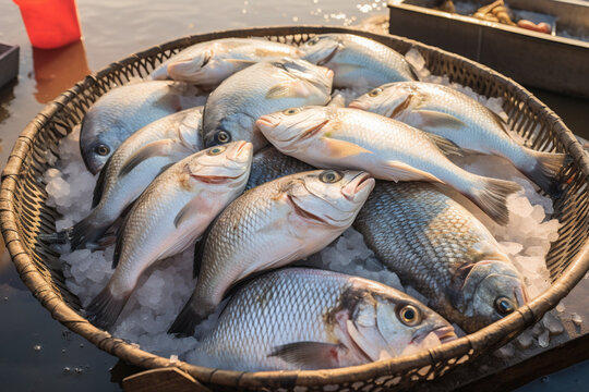 Ilish or Hilsha, Bhetki, Bata, Boaal, Magur, Shing, Shrimp, Chitol, Common carp, Grass carp, Catla fishes on ice for sale in the night fish market