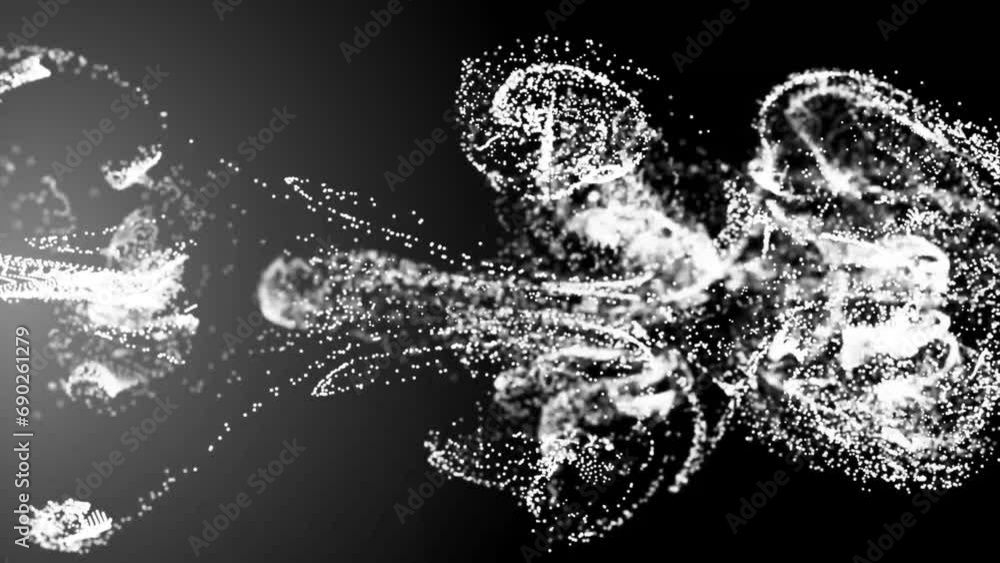Poster white fluid particle dots are flowing in the animated video. animation of glowing fluid particles fl