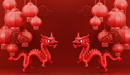 3d render for Happy Chinese new year 2024 of dragon zodiac with lanterns and cloud on red background.