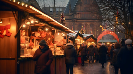 Christmas market bustling with people stalls selling festive goods and lights twinkling.