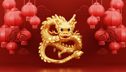 3d render of Golden dragon with lanterns for Happy Chinese new year 2024 on red background.