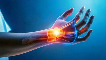 X-Ray Insight Visualizes Wrist Pain Symptoms in Detail, Pain Points Expose X-Ray Insight into Wrist Discomfort. Generative AI - obrazy, fototapety, plakaty