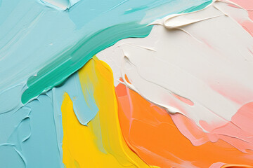 Naklejka premium Soothing paint strokes in teal, cream, and citrus hues, creating a calming and modern artistic backdrop.