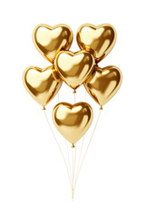Gold flying glossy foil heart balloons, white background PNG