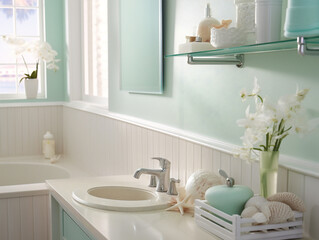 Fototapeta na wymiar A coastal-themed bathroom with seashell decorations and a blue color scheme.