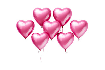 Pink flying glossy foil heart balloons, white background PNG