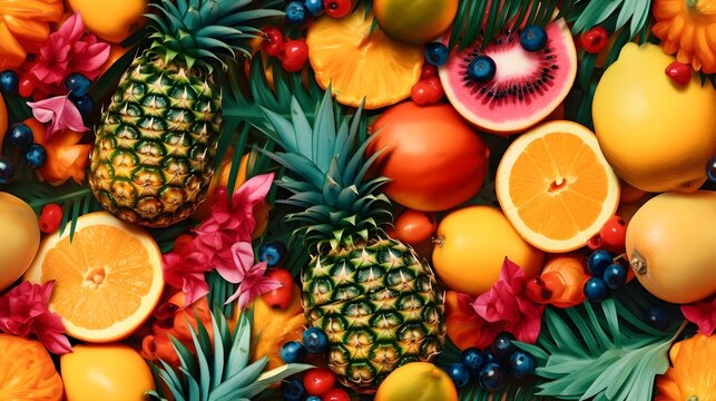 Lively and colorful wallpaper pattern featuring a variety of tropical fruits like pineapples, mangoes, and papayas, background image, generative AI