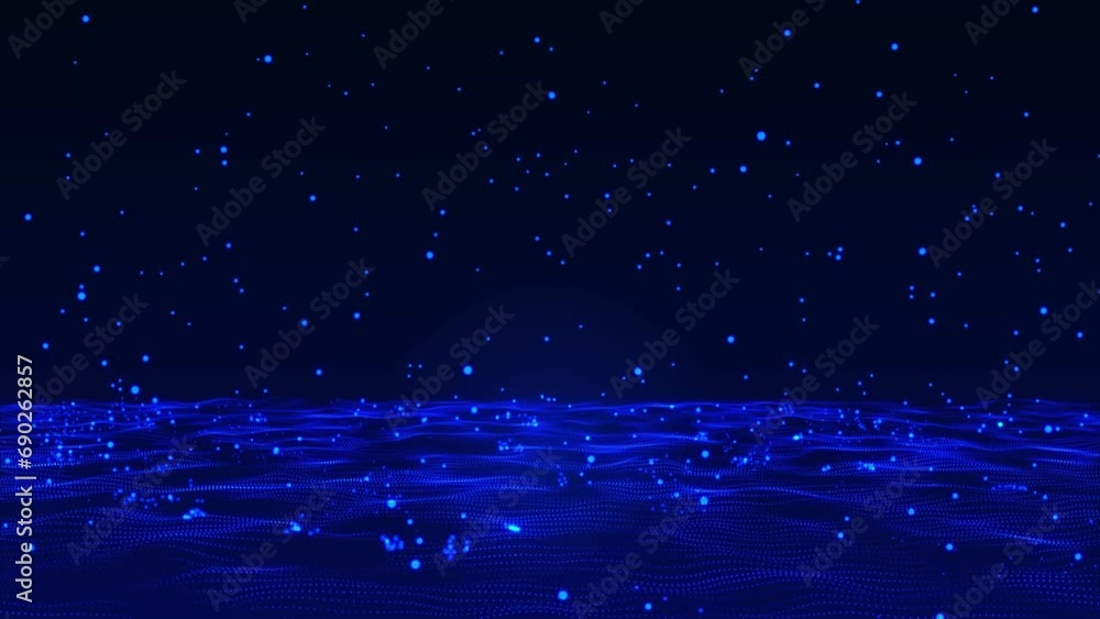 Poster abstract hi-tech bouncing blue particles background. blue sphere particles are falling, bouncing, an