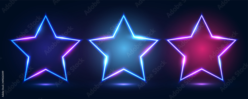 Poster a set of three neon frames in the shape of a star with shining effects and highlights on a dark blue