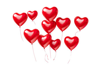 Red flying glossy foil heart balloons, white background PNG