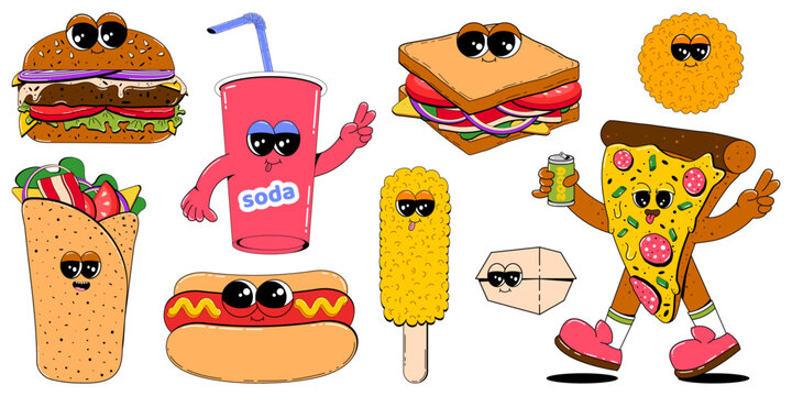 Colorful set of fast food characters in retro cartoon style. Vector mascot illustration of burger, hot dog, pizza, taco, soda, burrito and other street food on white isolated background.