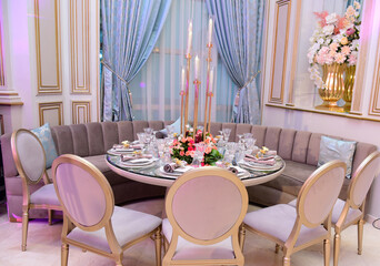 Wedding hall with decoration. Banquet hall for weddings, banquet hall decoration, atmospheric decor.