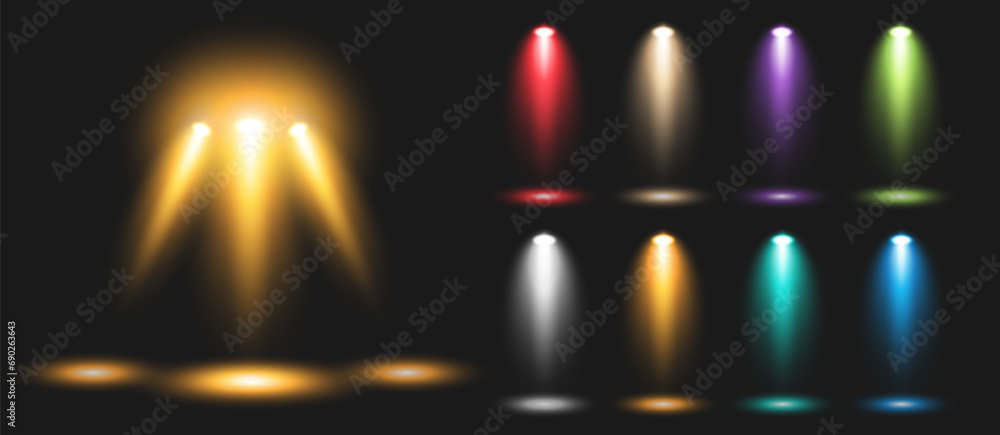 Poster a set of colored spotlights to illuminate the stage with rays on a black background. luminous transp