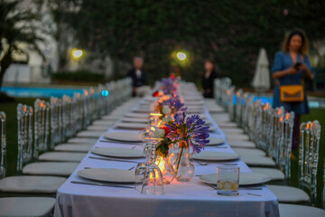 wedding table appointments in garden.