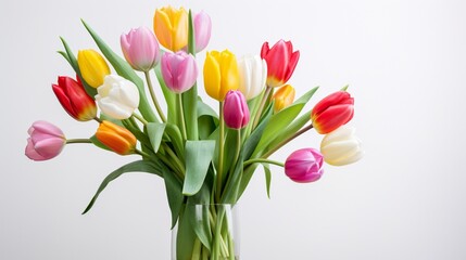 a vibrant tulips, elegantly placed on a clean white canvas, creating a stunning floral arrangement that embodies the essence of spring.