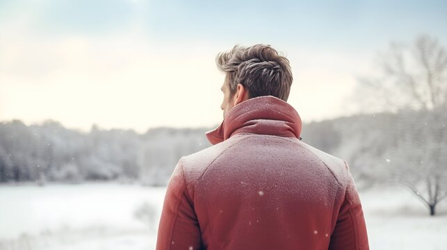 Back view portrait of a white man with a winter landscape in the background, background image, generative AI