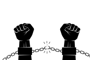 Hand in shackles broken chain. The concept of freedom and human rights. Vector graphic illustration black silhouette. - obrazy, fototapety, plakaty