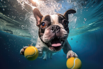 Underwater view of a dog with large ears and wide eyes chasing tennis balls, bubbles around.