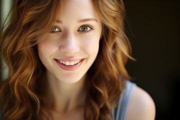 Upbeat woman with wavy ginger hair and a welcoming smile, exuding friendly vibrance and positivity.