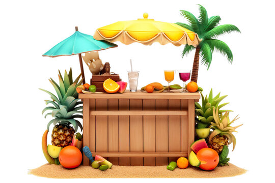 Tropical bar with cocktails and fresh fruits on the island inside opened wooden box on a pile of sand. Unusual party 3d illustration isolated on transparent background.