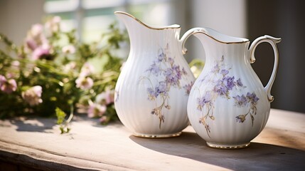 a vintage porcelain pitcher, its delicate floral motifs and dainty handle showcased against the pure white backdrop, emanating an air of timeless elegance and refinement, reminiscent of bygone eras. - obrazy, fototapety, plakaty