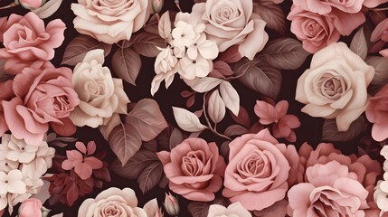 Fototapeta premium Floral pattern wallpaper inspired by vintage rose tapestries. Incorporate intricate details of roses in muted tones, background image, generative AI