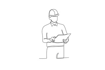 One line drawing of Male field worker looking at engineering drawings. Great team work concept. Trendy continuous line draw design graphic vector illustration

