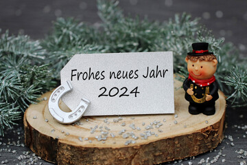 Neujahr und Silvestergrußkarte: Schornsteinfeger mit Hufeisen und Glückwünschen für das neue...