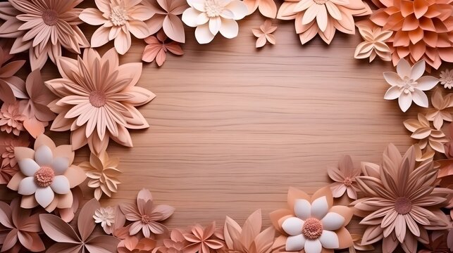 Wooden textured background various flowers frame, paper art with space for text, , background image, generative AI